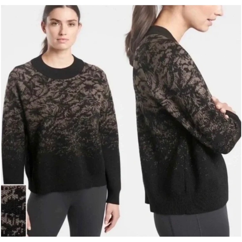 Athleta Sweater Jacquard Black Brown Women XS Oversize Merino Wool Boxy Ski